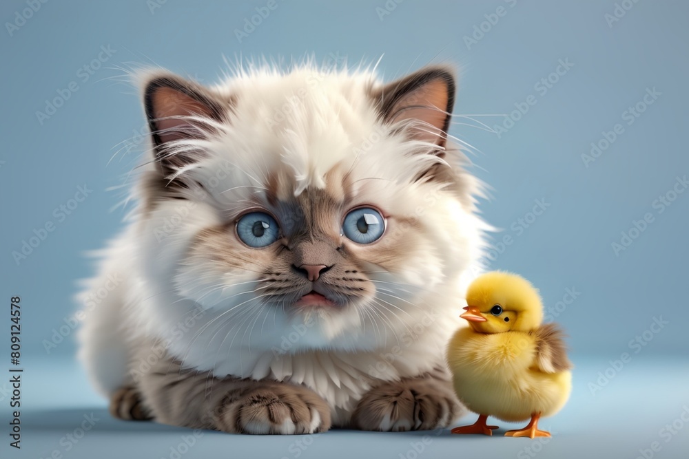 cute kitten and yellow chick, isolated on blue background cute kitten and yellow chick, isolated on blue background