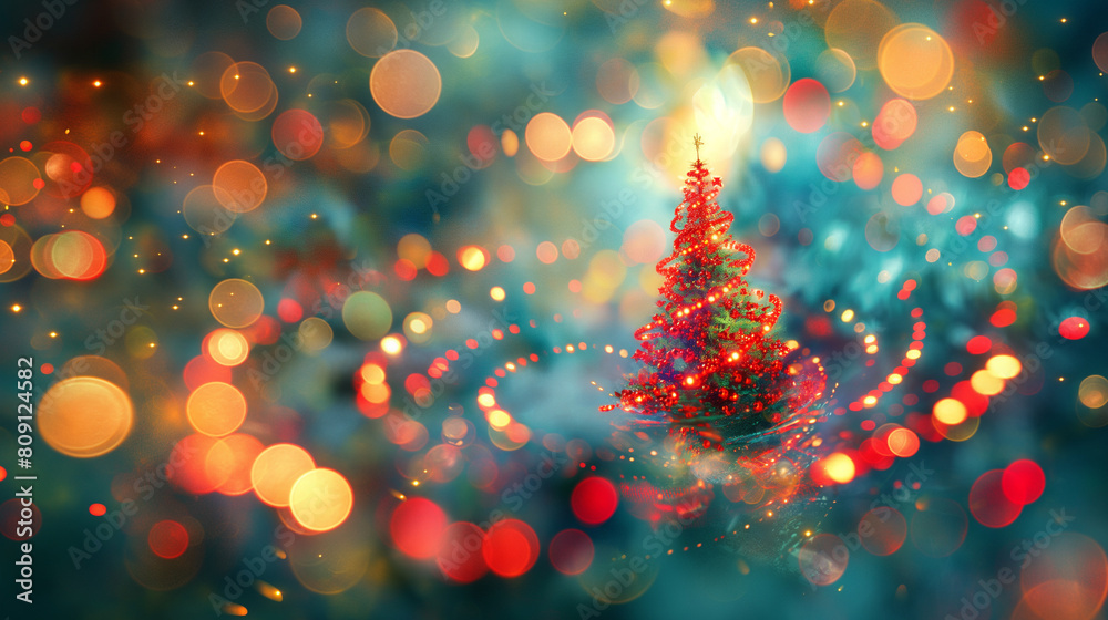 A Christmas tree is surrounded by a colorful, blurry background A Christmas tree is surrounded by a colorful, blurry background