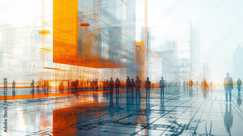 Obraz premium A cityscape with people walking on a sidewalk