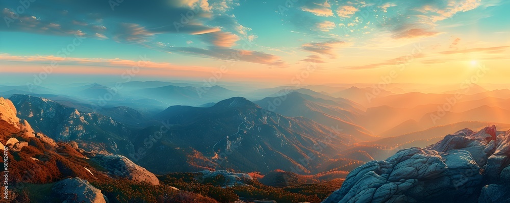 Mesmerizing Sunset Over a Dramatic Mountain Valley Landscape with Stunning Panoramic Views