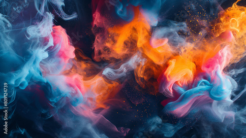 A colorful, swirling cloud of smoke with a blue and orange hue
