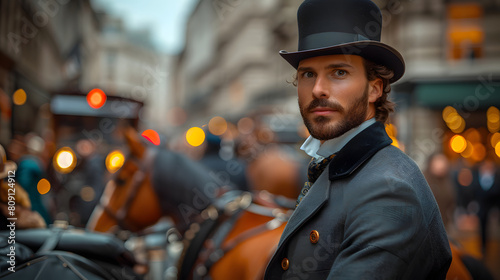 A man in a top hat stands next to a carriage. People and horses are in the background. © wcirco