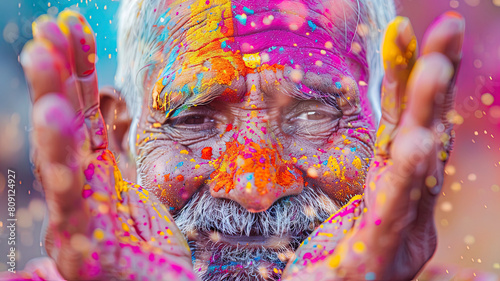 close up of a color festival scene in india  face with colors  colored background