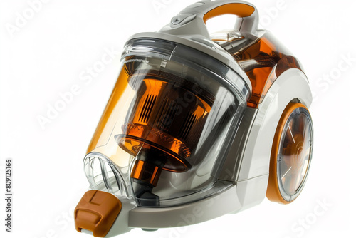 A bagless canister vacuum cleaner with a multi-cyclonic system and a HEPA filter isolated on a solid white background. photo