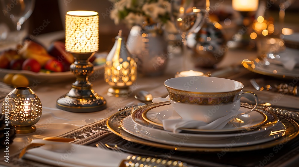 Ramadan-themed table setting with elegant dinnerware and festive decorations, ready for a special occasion.