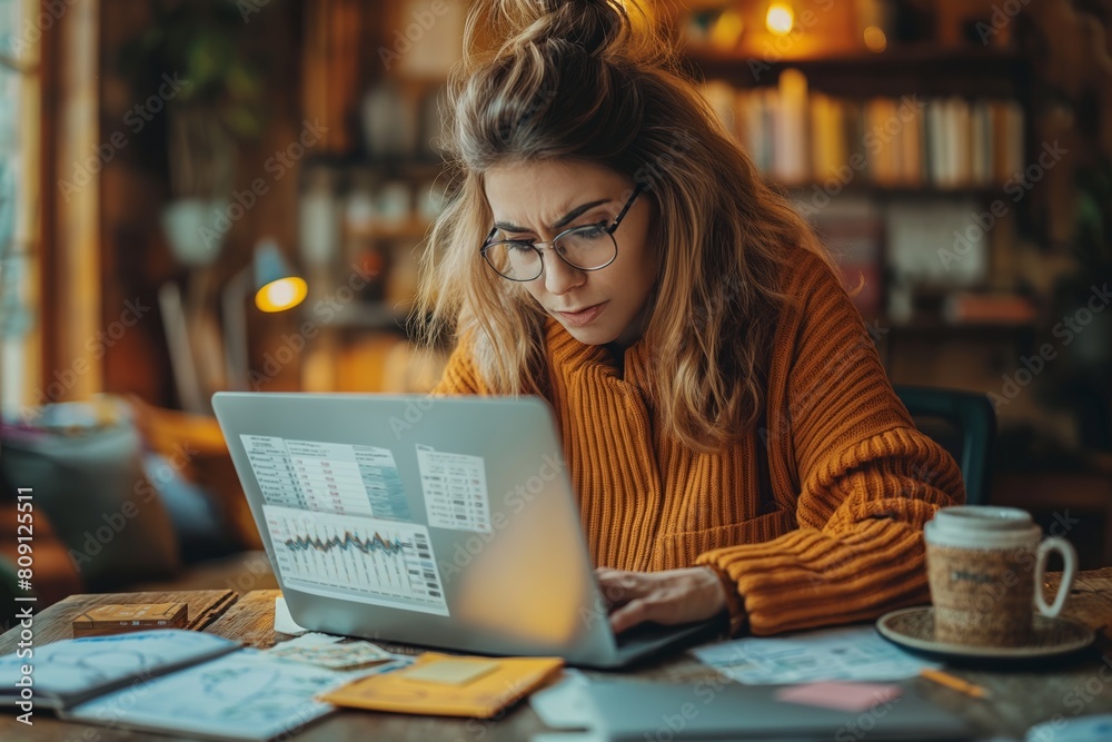 Concerned woman analyzing data on laptop Concerned woman analyzing data on laptop