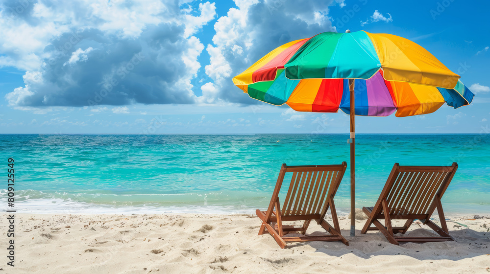 A colorful beach umbrella is set up on the sand