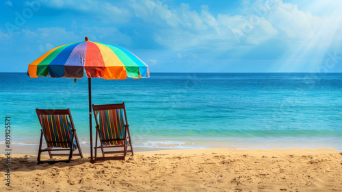 A colorful umbrella is set up on a beach with two beach chairs underneath it