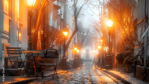 A Moody Evening in Victorian London: Gaslights, Fog, and Cobblestone Streets. Concept Victorian Era, Gaslight Setting, Foggy Atmosphere, Cobblestone Streets, Moody Evening