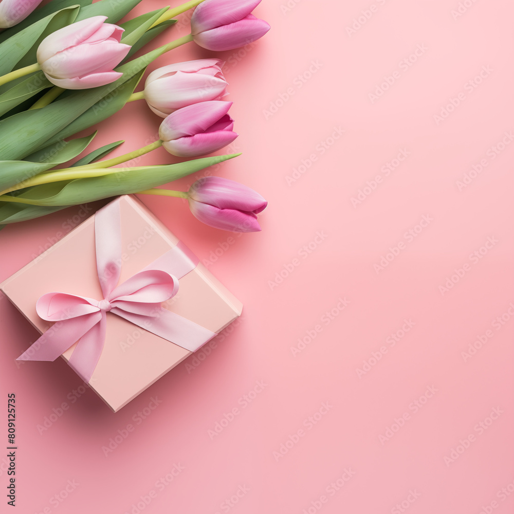 pink tulips and box, Mother's Day concept. Top view photo of stylish pink giftbox with ribbon bow and bouquet of tulips on isolated pastel pink background with copyspace stock photo pink tulips and box, Mother's Day concept. Top view photo of stylish pink giftbox with ribbon bow and bouquet of tulips on isolated pastel pink background with copyspace stock photo