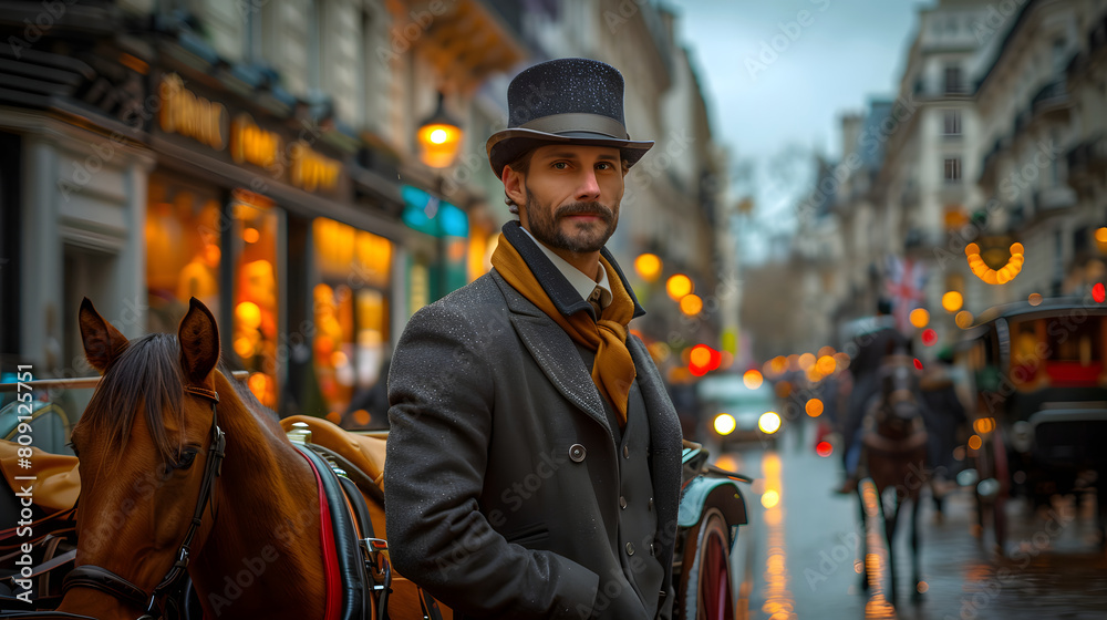 A man in a top hat stands next to a carriage. People and horses are in the background.