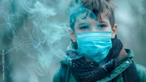 Kids in masks near factory emitting smoke protecting from pollution. Concept Kids, Masks, Factory, Pollution, Environment