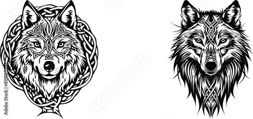 Celtic wolf head illustration in black and white set vector illustration.