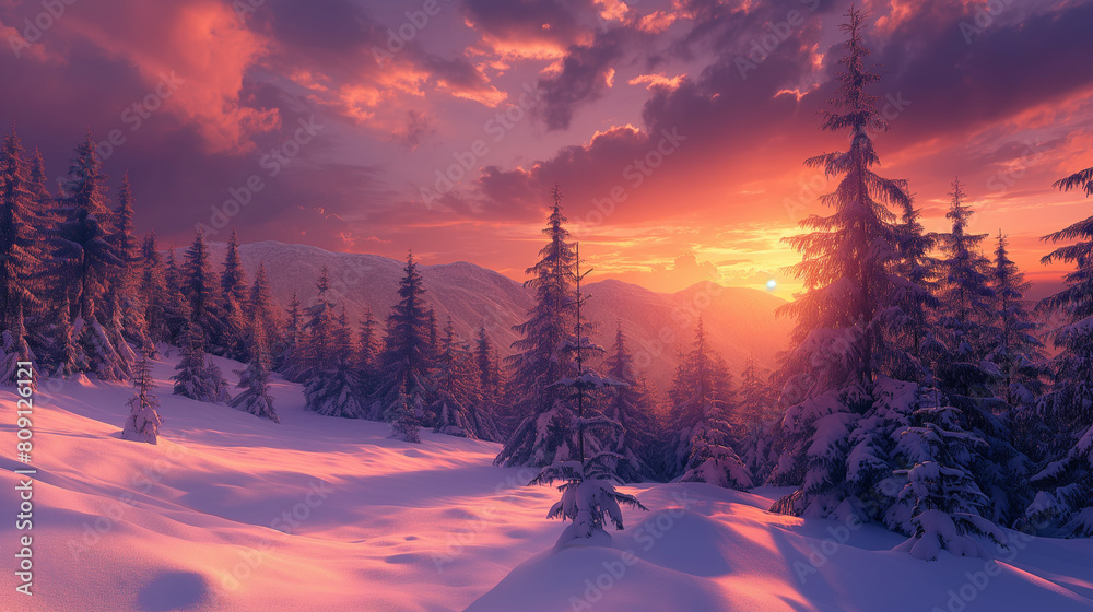 A snowy landscape with a beautiful sunset in the background