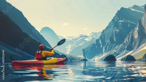 Whitewater kayaking, extreme kayaking. A guy in a kayak sails on a mountain river --ar 16:9 Job ID: 8c5fda97-2d84-4eae-a6d9-27676be5a071
