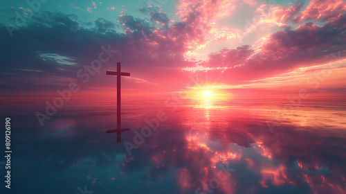 A cross is standing in the water at sunset