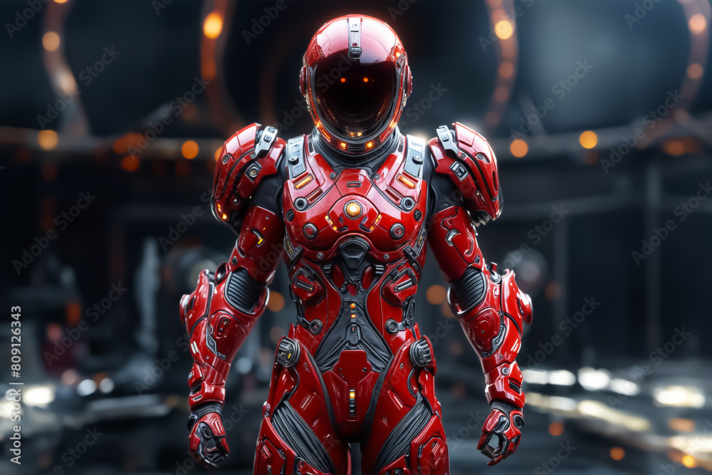 Fantastic warrior in red armor. Red spacesuit. Selective focus. AI generated. Fantastic warrior in red armor. Red spacesuit. Selective focus. AI generated.