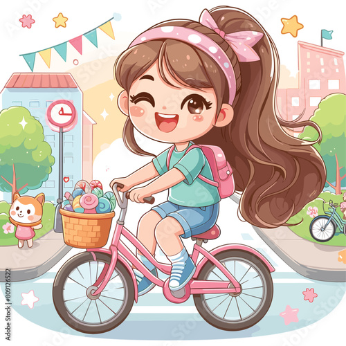 Happy cute teen girl riding bicycle cartoon vector illustration