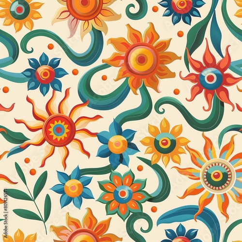 A colorful floral pattern with suns and leaves