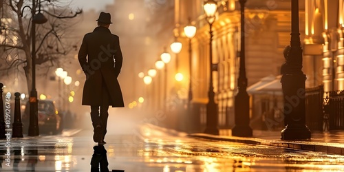 A Victorian private detective taking a leisurely stroll through the streets of London on a somber evening. Concept Historical Fiction, Victorian Era, London Streets, Detective Character