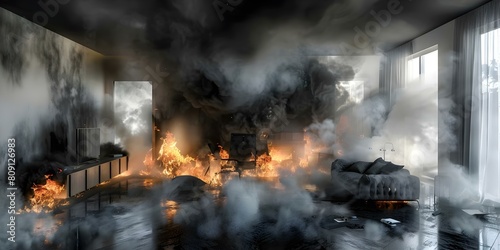 D visualization of a house fire with black smoke and flames engulfing a room with TV and furniture. Concept House fire, 3D visualization, Black smoke, Flames, Room engulfed, TV, Furniture