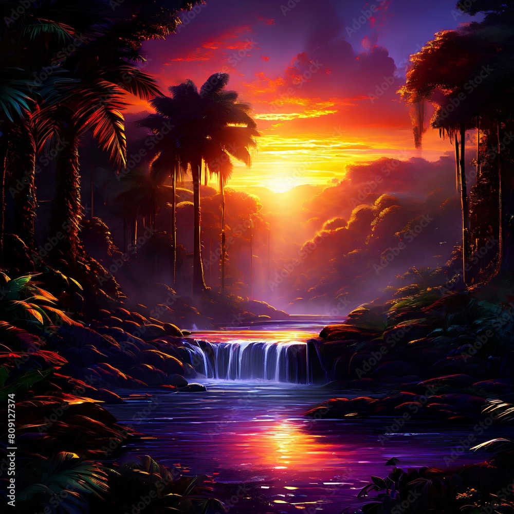 beautiful forest with waterfall and sunset