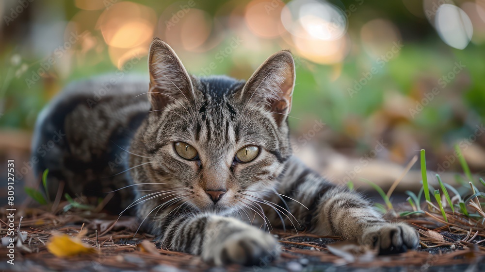 Fototapeta premium A close-up of a laid-back tabby cat relaxing among dried leaves and soft light