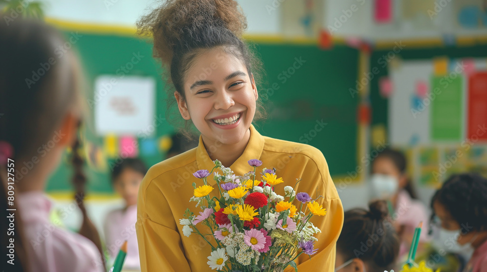 Amidst the cheerful atmosphere of the classroom, a young teacher's face lights up with delight as she holds a bouquet of flowers on Teacher's Day, feeling deeply appreciated and va Amidst the cheerful atmosphere of the classroom, a young teacher's face lights up with delight as she holds a bouquet of flowers on Teacher's Day, feeling deeply appreciated and va