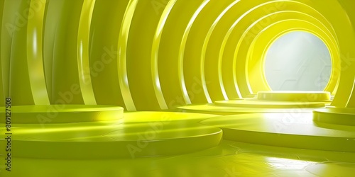 Energetic Product Display Atmosphere  Abstract Yellow Podiums in Vibrant Space. Concept Product showcase  Abstract design  Energetic atmosphere  Yellow podiums  Vibrant space