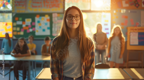 Within the modern classroom, a young teacher stands at the forefront, her dedication to her students shining through as she prepares to lead them on a journey of discovery, creativ photo