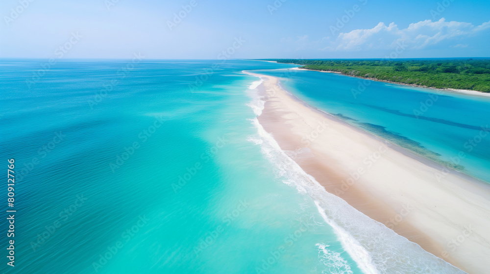 A pristine beach stretches as far as the eye can see, kissed by the golden rays of the summer sun, inviting turquoise waves crashing gently against the shore, beckoning vacationers