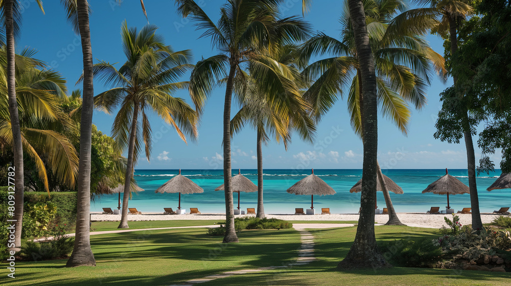Beneath a canopy of swaying palm trees, a luxurious resort sprawls along the pristine shoreline, offering guests an oasis of relaxation and indulgence, where azure waters meet powd