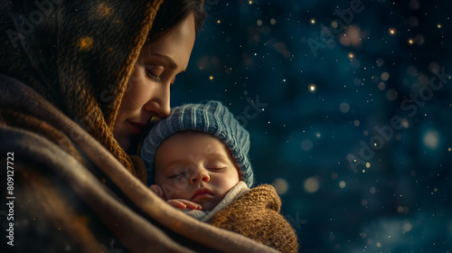 Wrapped in a cozy blanket on a starry night, a mother holds her infant close, their faces illuminated by the soft glow of moonlight, a silent testament to the boundless love that t