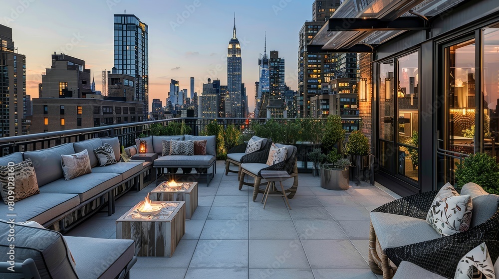 Fototapeta premium Luxurious rooftop terrace at dusk with modern furniture and views of the city skyline, perfect for real estate and lifestyle marketing.