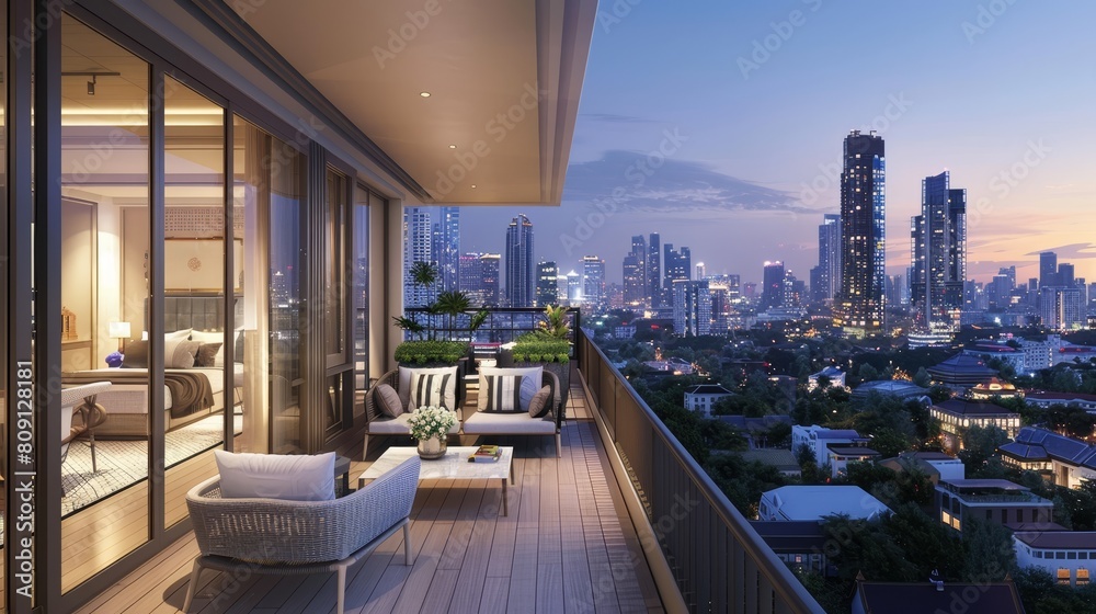 Luxurious rooftop patio with cityscape view at dusk, perfect for lifestyle and real estate.