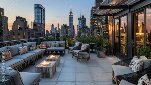 Luxurious rooftop terrace at dusk with modern furniture and views of the city skyline  perfect for real estate and lifestyle marketing.