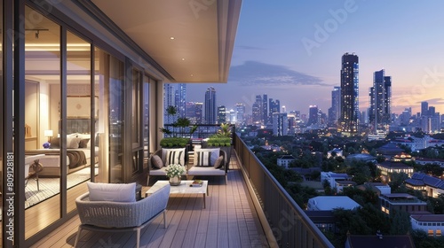 Luxurious rooftop patio with cityscape view at dusk  perfect for lifestyle and real estate.