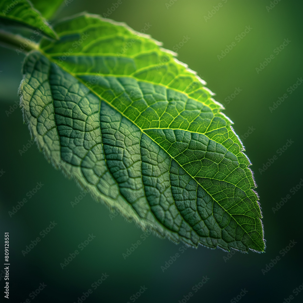 Fototapeta premium A leaf is shown in a close up, with the veins and texture of the leaf visible