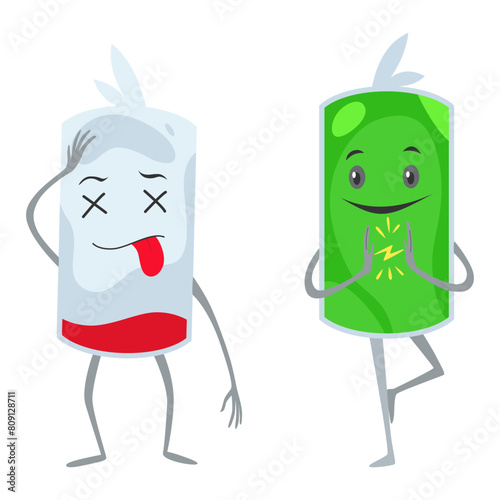 Low battery and full battery. Battery charge indicator icons. Discharged and fully charged battery. Accumulator indicator power level, vector illustration