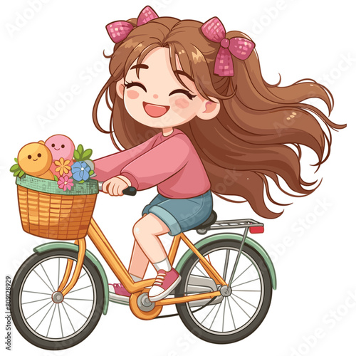 Happy cute teen girl riding bicycle cartoon vector illustration
