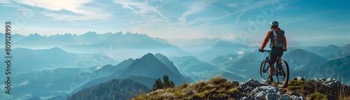 Mountain Biker Pausing at Scenic Overlook to Admire Vast Majestic Landscape and Serene Natural Surroundings