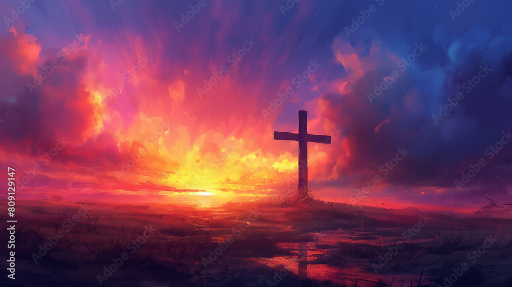 A painting of a cross in a field with a sunset in the background