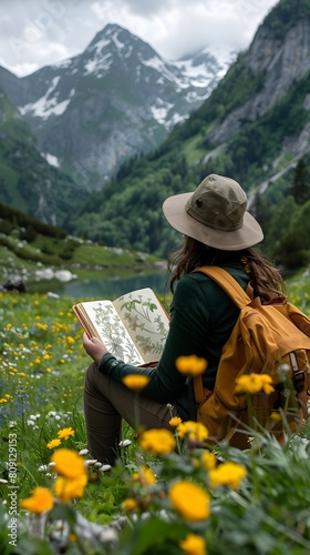 Botanist Exploring Pristine Alpine Meadow for Rare Flowers in Serene Mountain Landscape photo