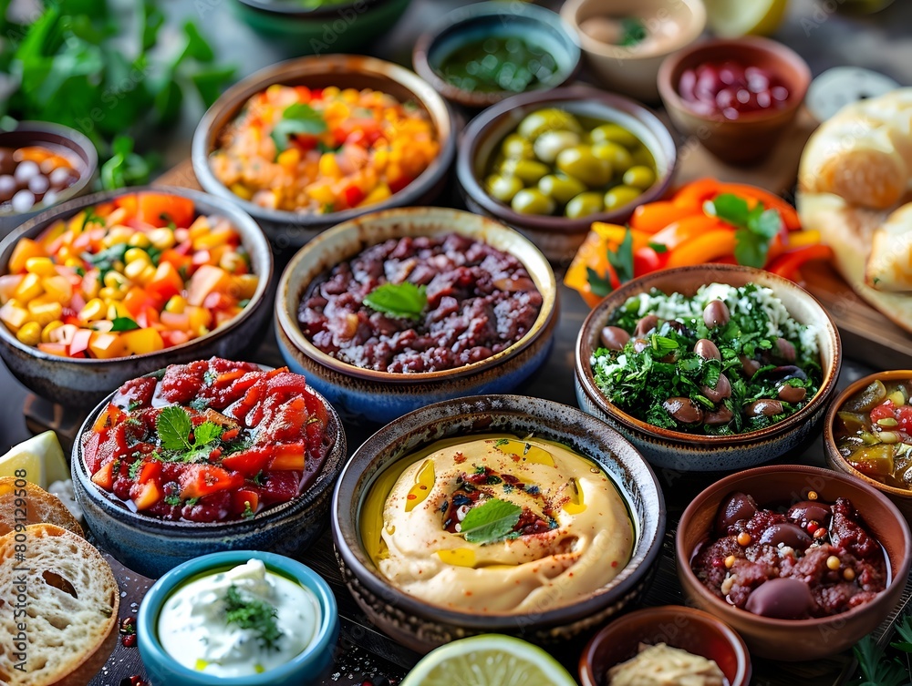 Vibrant Mediterranean Mezze Platter with Assortment of Dips Breads and Fresh Ingredients