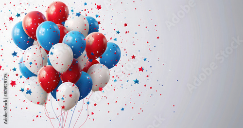 Balloons with red, white, and blue stars flying in the air, party celebration, Independence Day, tricolor background, happy birthday