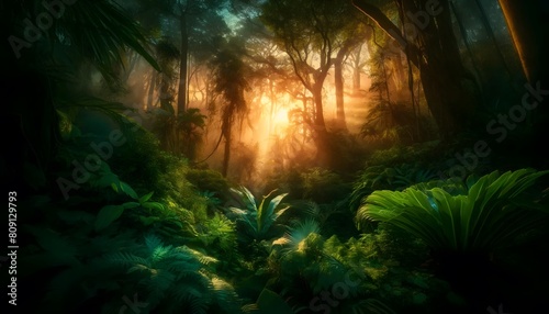 Dawn breaks over a tropical rainforest, casting a golden glow that filters through the dense canopy, highlighting the lush, moist undergrowth.