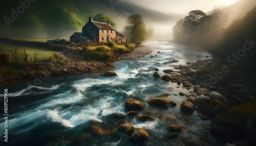 A vigorous river flows through a vivid landscape, its waters reflecting the morning light as it passes by a rustic house nestled among lush foliage. photo