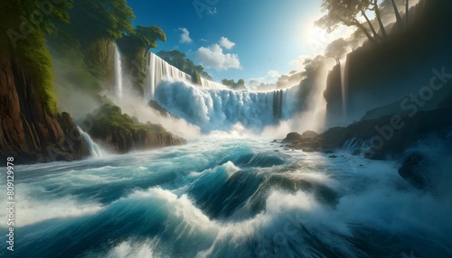 Spectacular waterfall cascades amidst lush greenery, with sunbeams piercing through the mist. photo