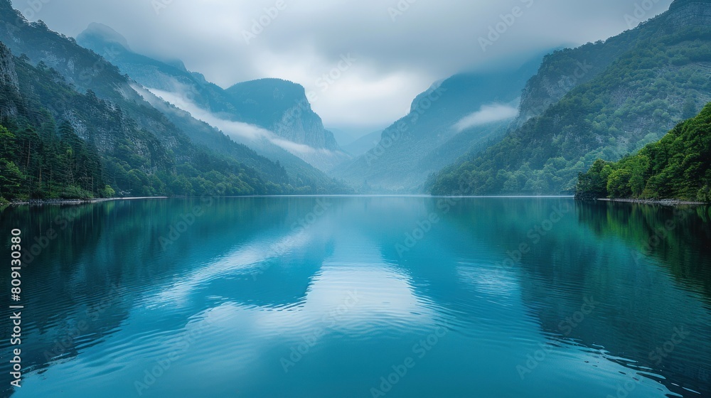 A large body of water surrounded by towering mountains in a forested setting