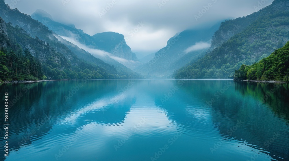 A large body of water surrounded by towering mountains in a forested setting A large body of water surrounded by towering mountains in a forested setting